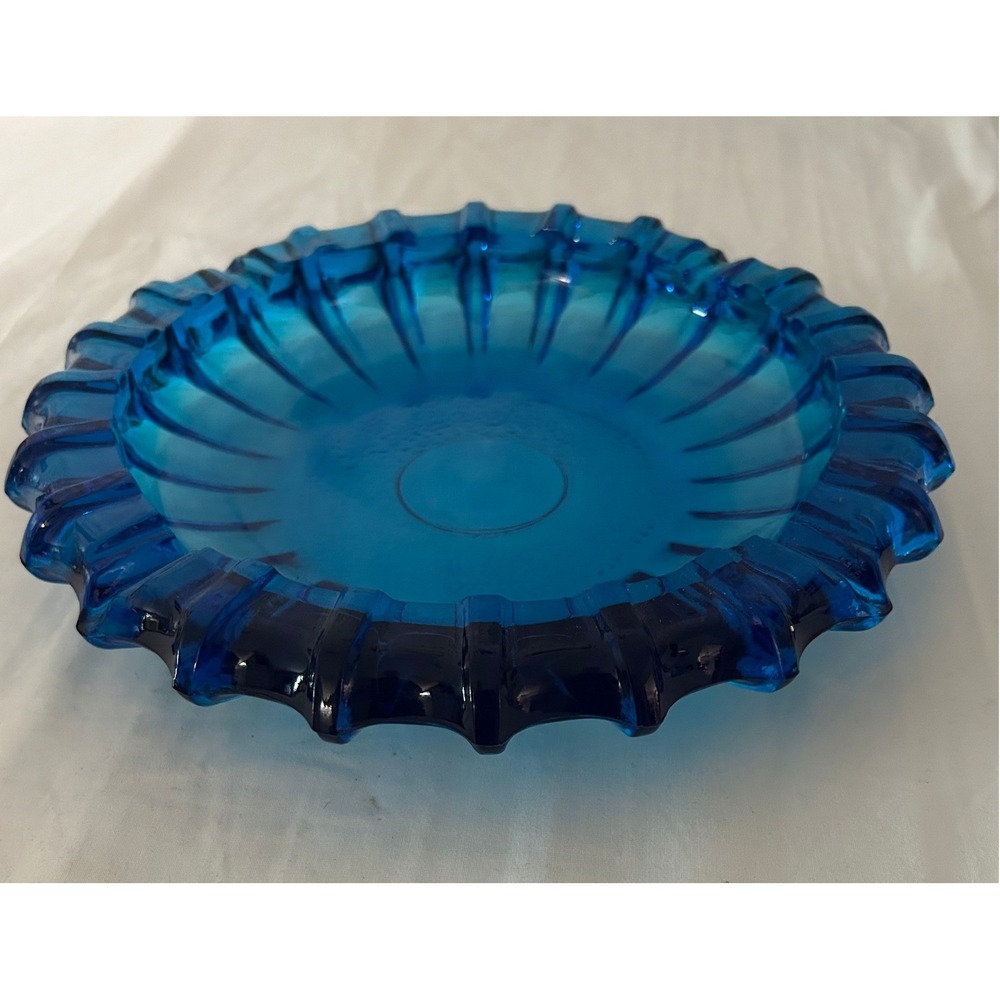 Vintage Mid Century Modern Blue Glass Scalloped Ashtray 9.5 Inch Heavy Good